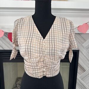 Japna Beige Plaid Crop‎ Top with Button Front & Tie Sleeves Size S